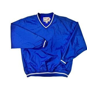 Vtg Mens XL Royal Blue Nylon V-Neck Windbreaker Pullover Jacket Sport Baseball